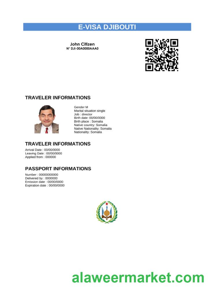Djibouti e-visa in Word and PDF template